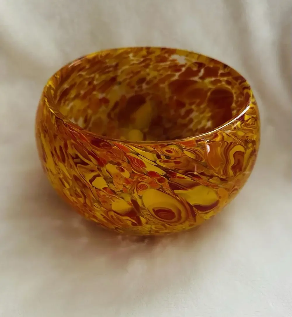Vtg Hand Blown Murano Art Glass Bowl Red Yellow Orange Swirl 6
